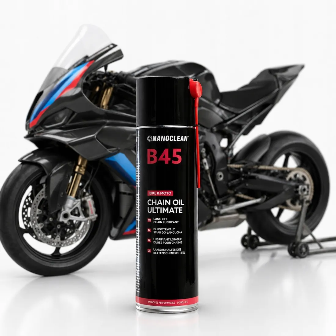 nanoclean-b45-chain-oil-ultimate-500ml-olej-do-lancucha-rowerowego-mtb-szosa-gravel-e-bike-smar-odporny-na-wode-z-organicznym-molibdenem-stan-nowy