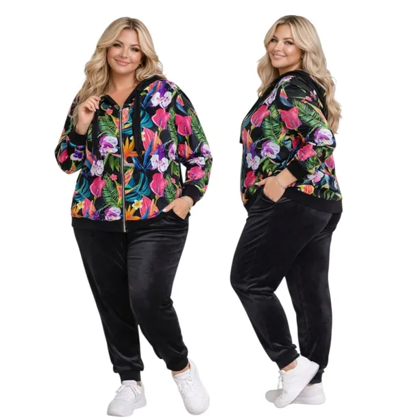 WELUROWY DRES DAMSKI ROZPINANY KWIAT 50 52 5xl 6xl czarny wygodny otulający