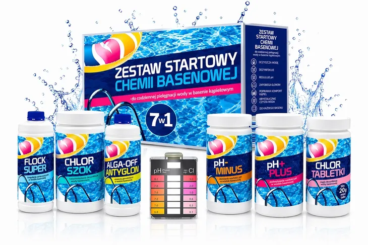 Zestaw chemii basenowej 7w1 GAMIX chlor duże tabletki pH antyglon