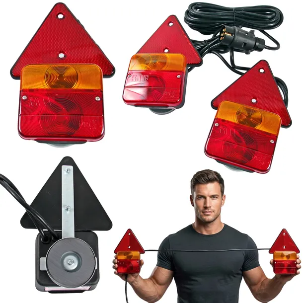 ZESTAW ŚWIATEŁ LAMP DO PRZYCZEPKI PRZYCZEPY TRÓJKAT MAGNES Z MAGNESEM 7,5m