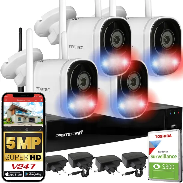 Zestaw do monitoringu 4 kamery 5Mpx WiFi światło białe IR mikrofon HDD 1TB