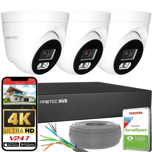 Zestaw Do Monitoringu 3 Kamery IP 8MP 4K POE Detekcja Ludzi HDD