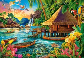 puzzle-1000-ukladanka-widok-tropikalna-wyspa-chata-lodzie-dzungla-9-castor
