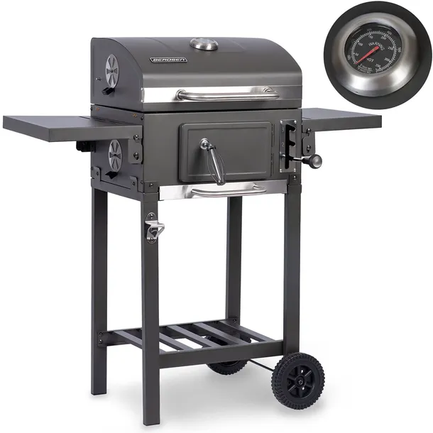GRILL WĘGLOWY OGRODOWY ŻELIWNY RUSZT Z POKRYWĄ POPIELNIK + TERMOMETR