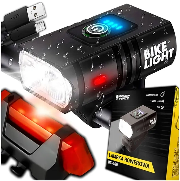 Zestaw lampek rowerowych LED 1000lm 1200mAh przód tył USB oświetlenie rower