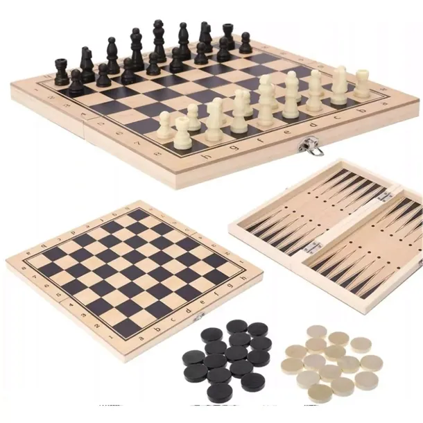 Gra szachy warcaby tryktrak składane 3w1 podróżne 29x29cm drewniane