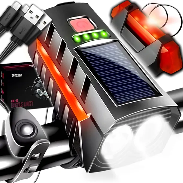 Zestaw lampek rowerowych lampka P. Solarna LED 800lm 2400mAh klakson 120dB
