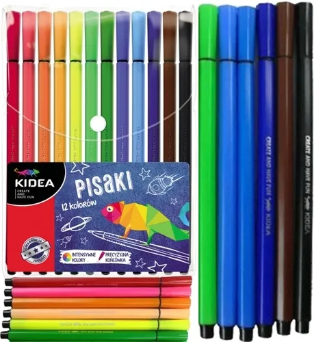 KIDEA PISAKI FLAMASTRY SZKOLNE w etui 12 kolorów