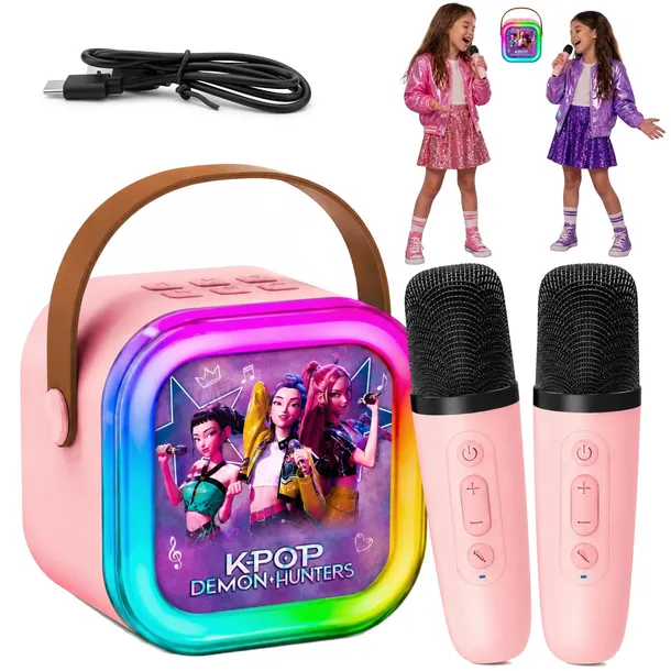 ZESTAW KARAOKE K-POP 2 MIKROFONY GŁOŚNIK DLA DZIECI DEMON HUNTERS RUMI MIRA ZOEY BLUETOOTH