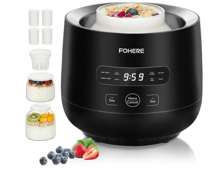 FOHERE Jogurtownica 2 Szklane Pojemniki 2000 ml I 1400 ml, 4 Kubki