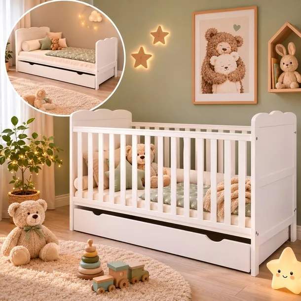 Łóżeczko / Tapczanik ISABEL 2w1 140x70 + szuflada : BIAŁY