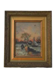 wiejski-pejzaz-chaty-na-brzegu-rzeki-stary-obraz-olejny-rama-30x25cm