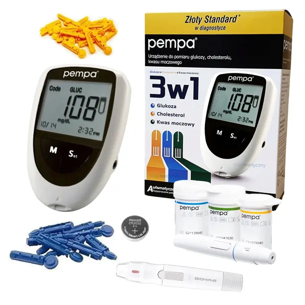 GLUKOMETR BENECHECK PEMPA 3W1 GLUKOZA KWAS MOCZOWY CHOLESTEROL 2 NAKŁUWACZE