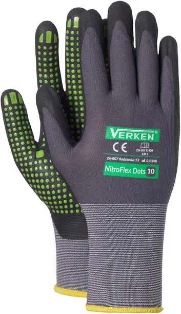 Rękawice robocze Verken NitroFlex Dots 9 – L pianka nitrylowa, nakropienie PVC, pewny chwyt