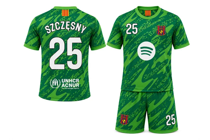 STRÓJ PIŁKARSKI - KOSZULKA SPODENKI - SZCZĘSNY BARCELONA rozm. 116 cm
