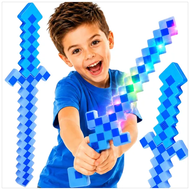 DUŻY MIECZ ŚWIETLNY MINECRAFT ŚWIECĄCY Z GRY EFEKTY DŹWIĘKOWE PIXEL 61 CM