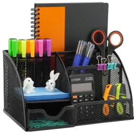 organizer-przybornik-na-biurko-metalowy-siatka-5-komor-szuflada-czarny