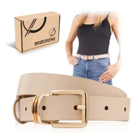 bezowy-pasek-damski-skorzany-cienki-brodrene-do-spodni-zlota-klamra-95-cm