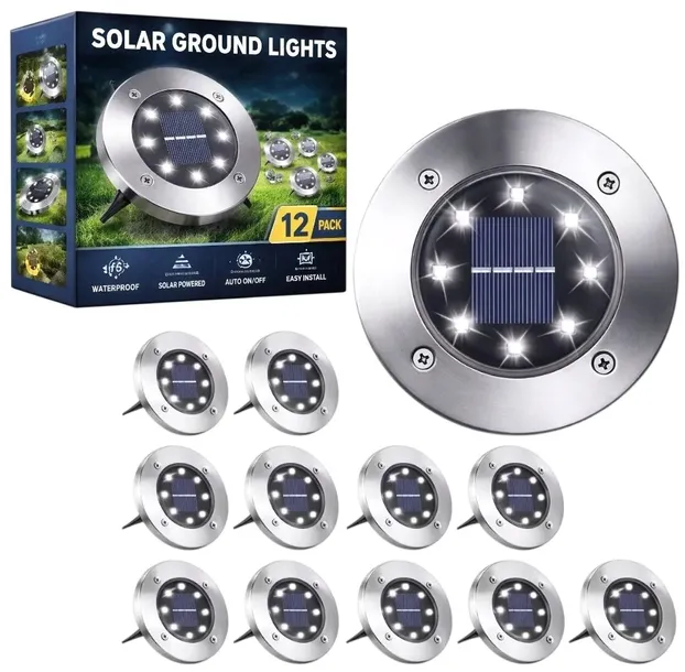 12x Lampki Solarne Do Ogrodowe Lampki LED Dyski Gruntowe Wbijane 8 LED