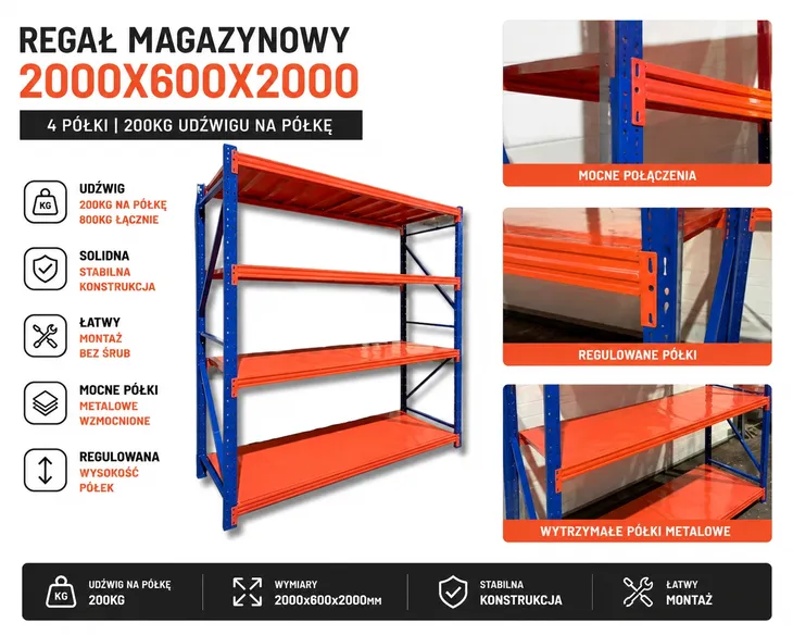 Profesjonalny Regał Magazynowy Warsztatowy 200x60x200cm 4-PÓŁKOWY 800KG