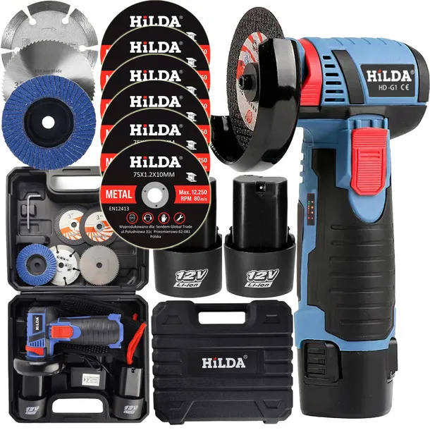 MINI SZLIFIERKA KĄTOWA BEZSZCZOTKOWA 12V 75 MM 2 x AKU HILDA 9 X TARCZ