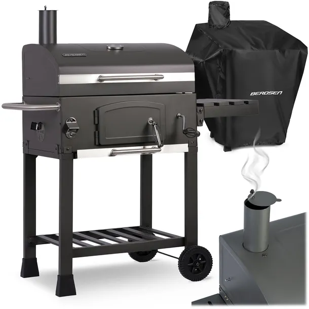 GRILL WĘGLOWY OGRODOWY KOMIN ŻELIWNY RUSZT TERMOMETR + POKROWIEC