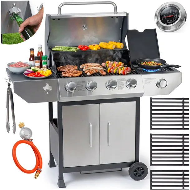 GRILL GAZOWY OGRODOWY BERDSEN ŻELIWNY RUSZT z POKRYWĄ MOCNY 4+1 PALNIKI TERMOMETR
