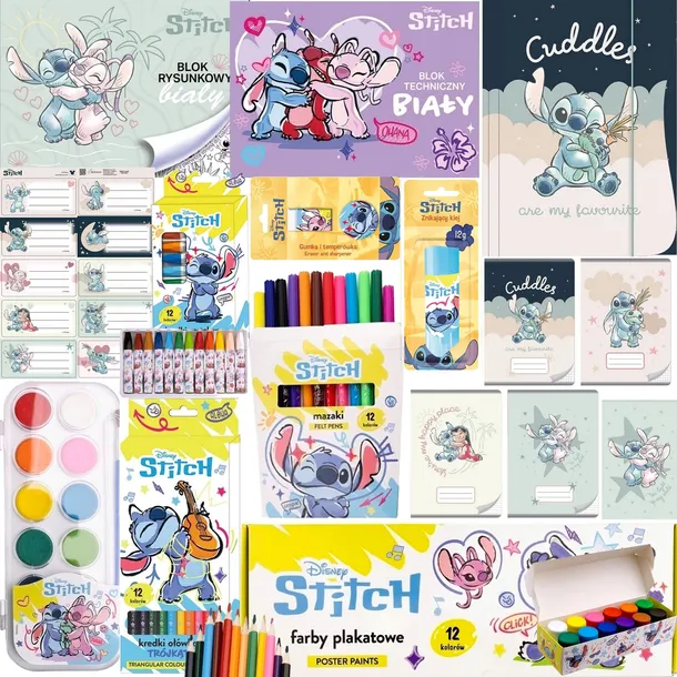 STITCH WYPRAWKA SZKOLNA ZESTAW PRZYBORY SZKOLNE FARBY KREDKI FLAMASTRY XXL