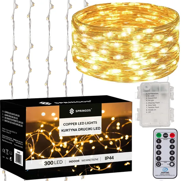 KURTYNA ŚWIETLNA NA BATERIE 300 LED LAMPKI 3x3M 8 FUNKCJI CIEPŁE ŚWIATŁO