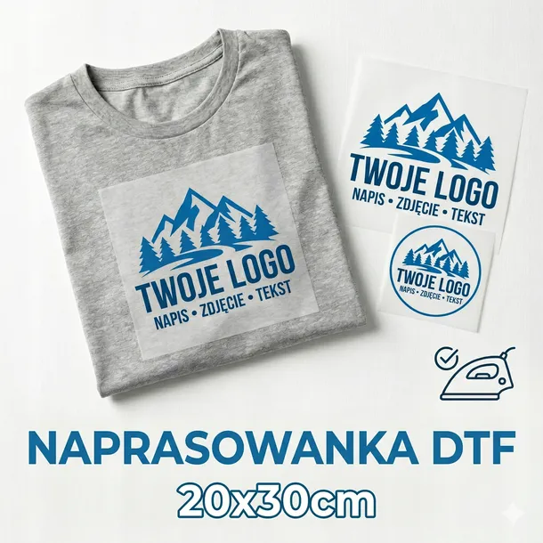 NAKLEJKA TERMICZNA DTF KOSZULKI BLUZY TWOJE LOGO A4 20x30cm - naprasowanka