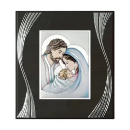 obraz-swietej-rodziny-srebrny-nowoczesny-kolorowy-brazowa-rama-38x45-cm