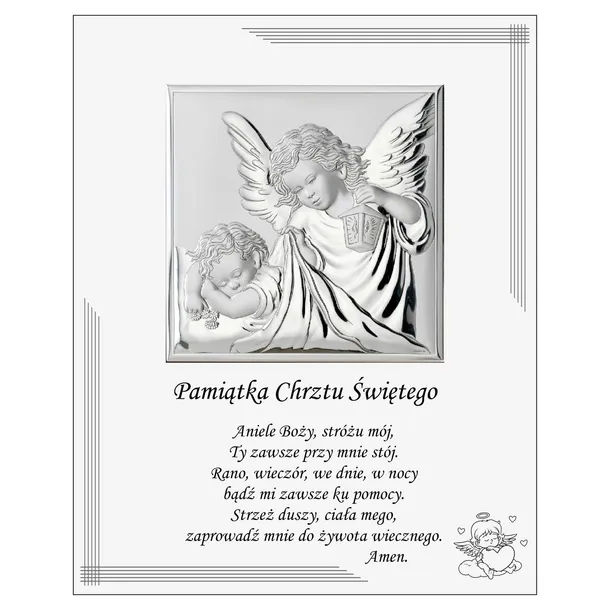 Srebrny obrazek na chrzest z aniołem stróżem pamiątka chrztu 25x20 cm