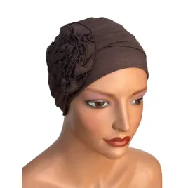czekoladowy-turban-damski-dalia-z-kwiatem-medyczny-gotowy-do-noszenia
