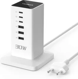 stacja-ladujaca-usb-tessan-6-portow-30w-usb-c-kabel-2m-biala