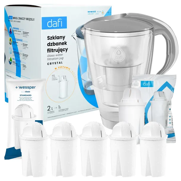 Dzbanek filtrujący szklany Dafi Crystal LED + 5x Filtr Wessper Zamiennik