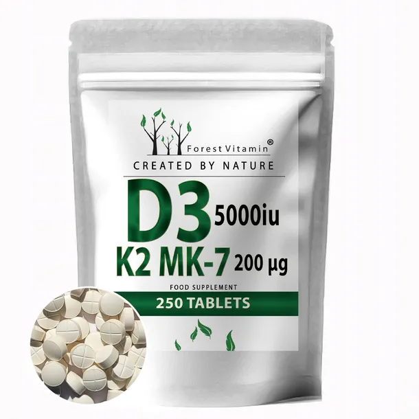 WITAMINA D3 5000iu+K2 MK-7 200mcg 250tabs CHOLEKALCYFEROL MOCNA Z LANOLINY