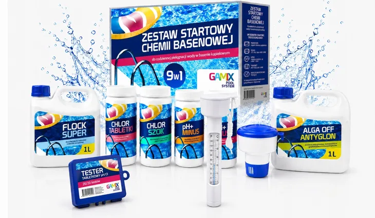 Zestaw startowy 9w1 CHEMIA do basenu DUŻE TABLETKI BOJA GAMIX TERMOMETR