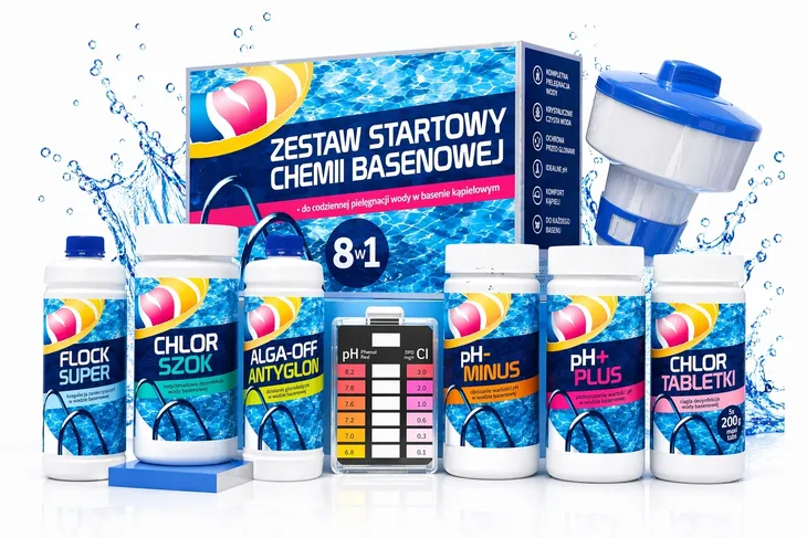 ZESTAW STARTOWY CHEMII BASENOWEJ 8w1 Chlor Antyglon pH Flock
