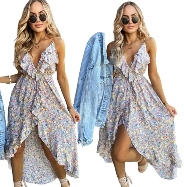 Letnia SUKIENKA DAMSKA bawełniana boho kwiaty kopertowy dekolt L XL KEYTI