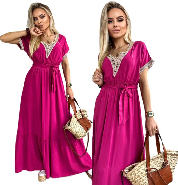 Elegancka SUKIENKA DAMSKA maxi rozkloszowana zwiewna boho koronka 42 44 IRA