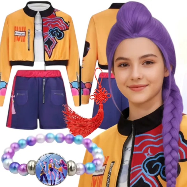 STRÓJ RUMI DEMON HUNTERS K-POP PERUKA BRANSOLETKA AKCESORIA 130/140