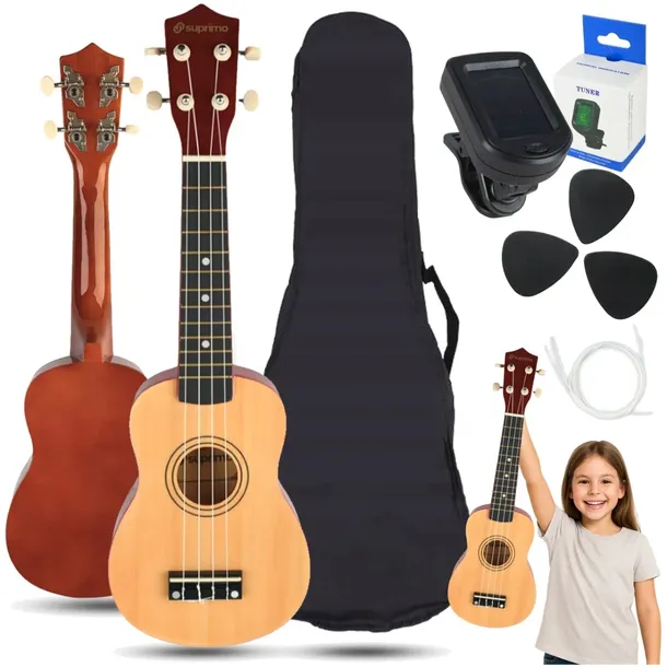 UKULELE SOPRANOWE ZESTAW DLA DZIECI POKROWIEC KOSTKI DO GRY STRUNY STROIK