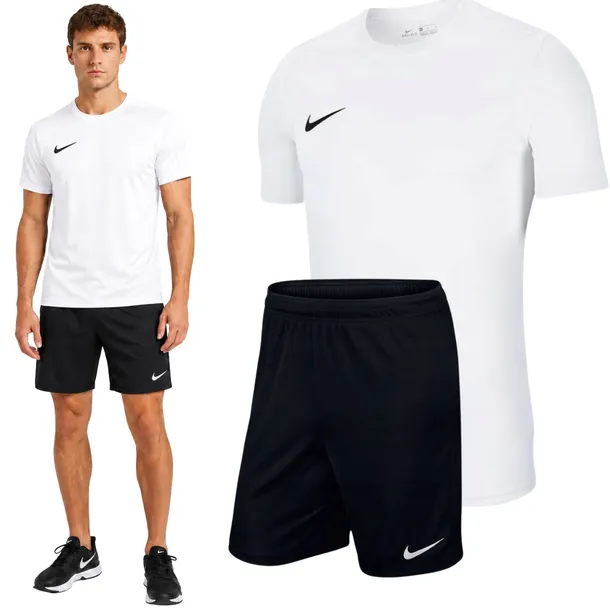 ZESTAW NIKE KOMPLET BIAŁA KOSZULKA T-SHIRT + SPODENKI CZARNE DRI-FIT r.L