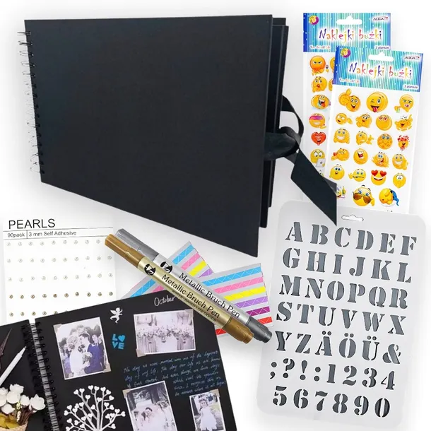 Zestaw kreatywny Album do scrapbookingu A4 czarny + pisaki + naklejki DIY