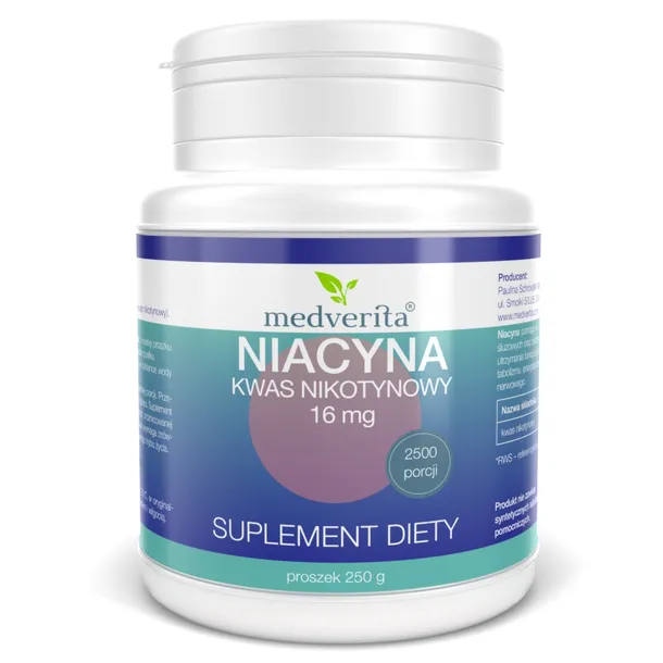 Medverita Niacyna Witamina B3 16mg 250g Proszek Kwas Nikotynowy
