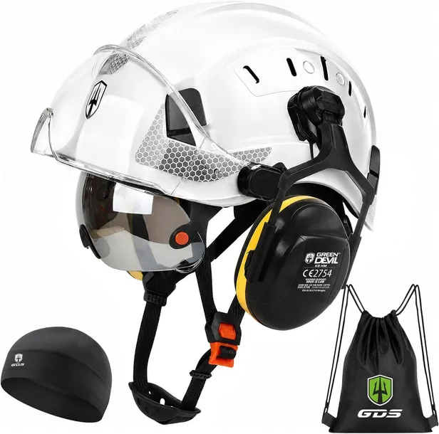KASK OCHRONNY LEŚNY Z OKULARAMI I OCHRONĄ SŁUCHU ABS 53–63 CM BIAŁY