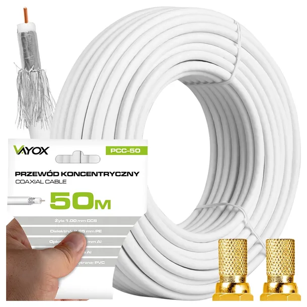 KABEL ANTENOWY PRZEWÓD KONCENTRYCZNY TV LTE ODPORNY UV 4K HD 50M + WTYKI F
