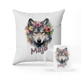 zestaw-poduszka-kubek-prezent-wilk-boho-kwiaty-las-wolf-imie