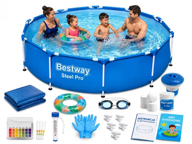 BASEN OGRODOWY RODZINNY ZE STELAŻEM OKRĄGŁY 305x76cm BESTWAY ZESTAW 14W1