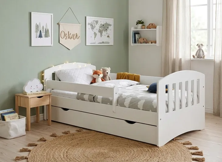 Łóżko dziecięce 80x180 z MDF, solidne białe + szuflada + materac